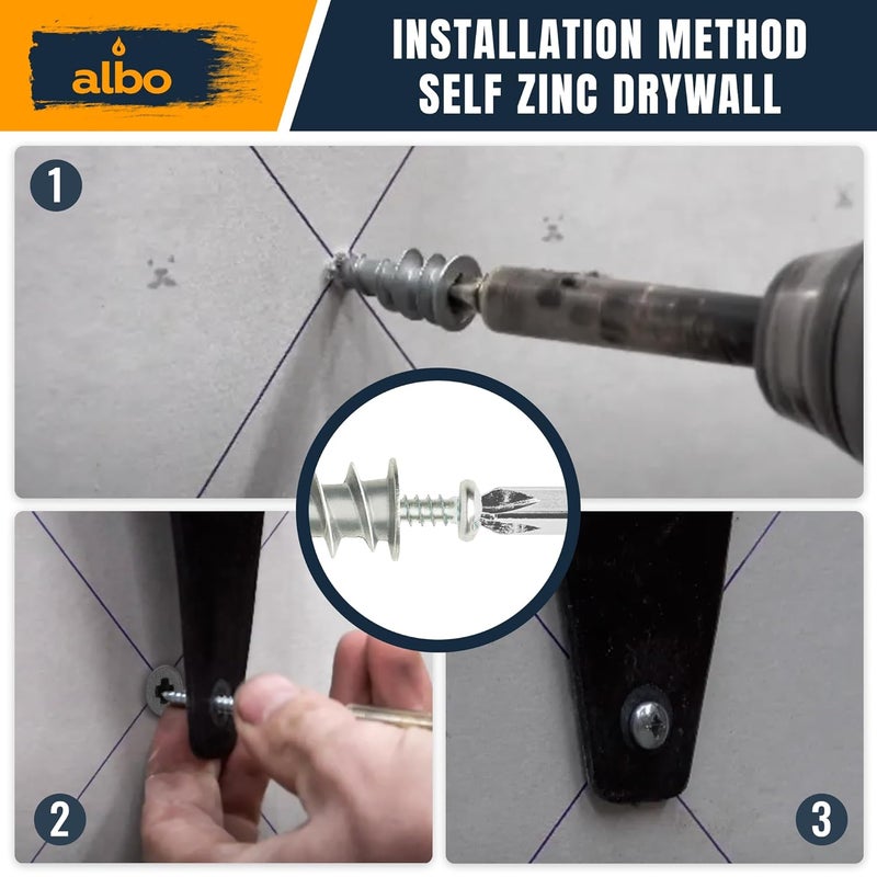 ALBO #6 Zinc Self-Drilling Drywall Anchors, 100PC Set – Includes 50 Heavy Duty Sheetrock Anchors & 50#6 x 1-1/4'' Screws – 75LB Capacity for Hanging and Mounting - Image 3